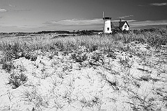 Headless Stage Harbor Lighthouse on Cape Cod Beach -BW